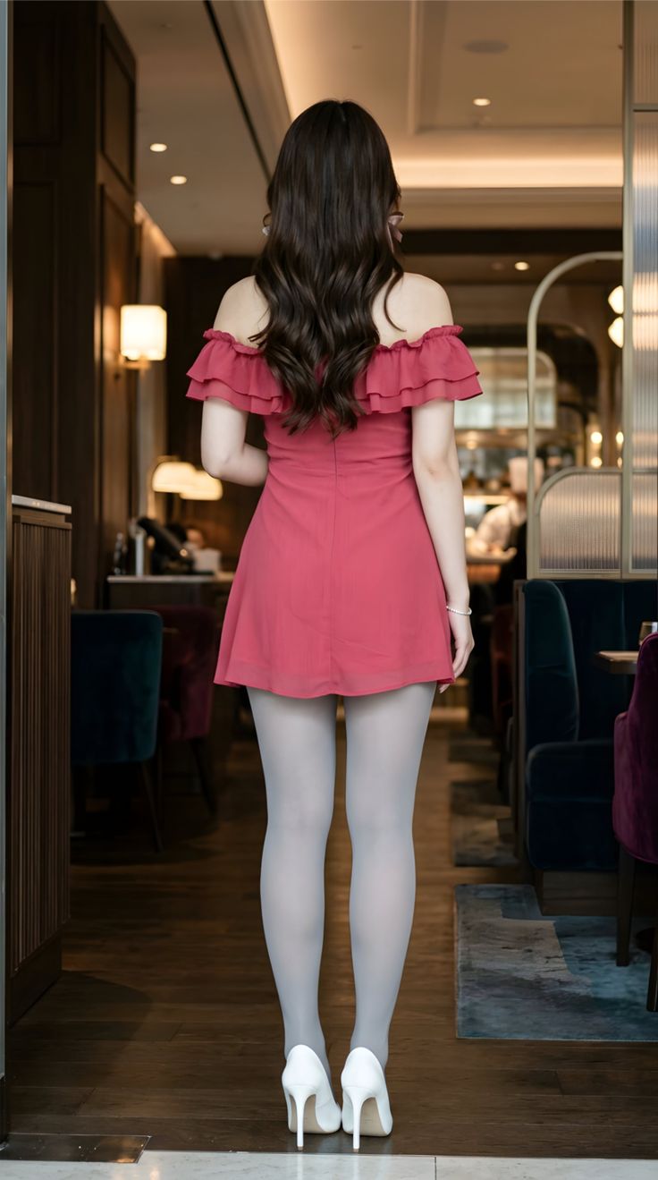 Woman in a red dress and white tights standing with her back to the camera indoors