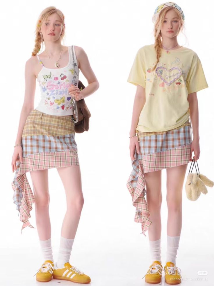 Two full body shots of a woman in different casual outfits with plaid skirts