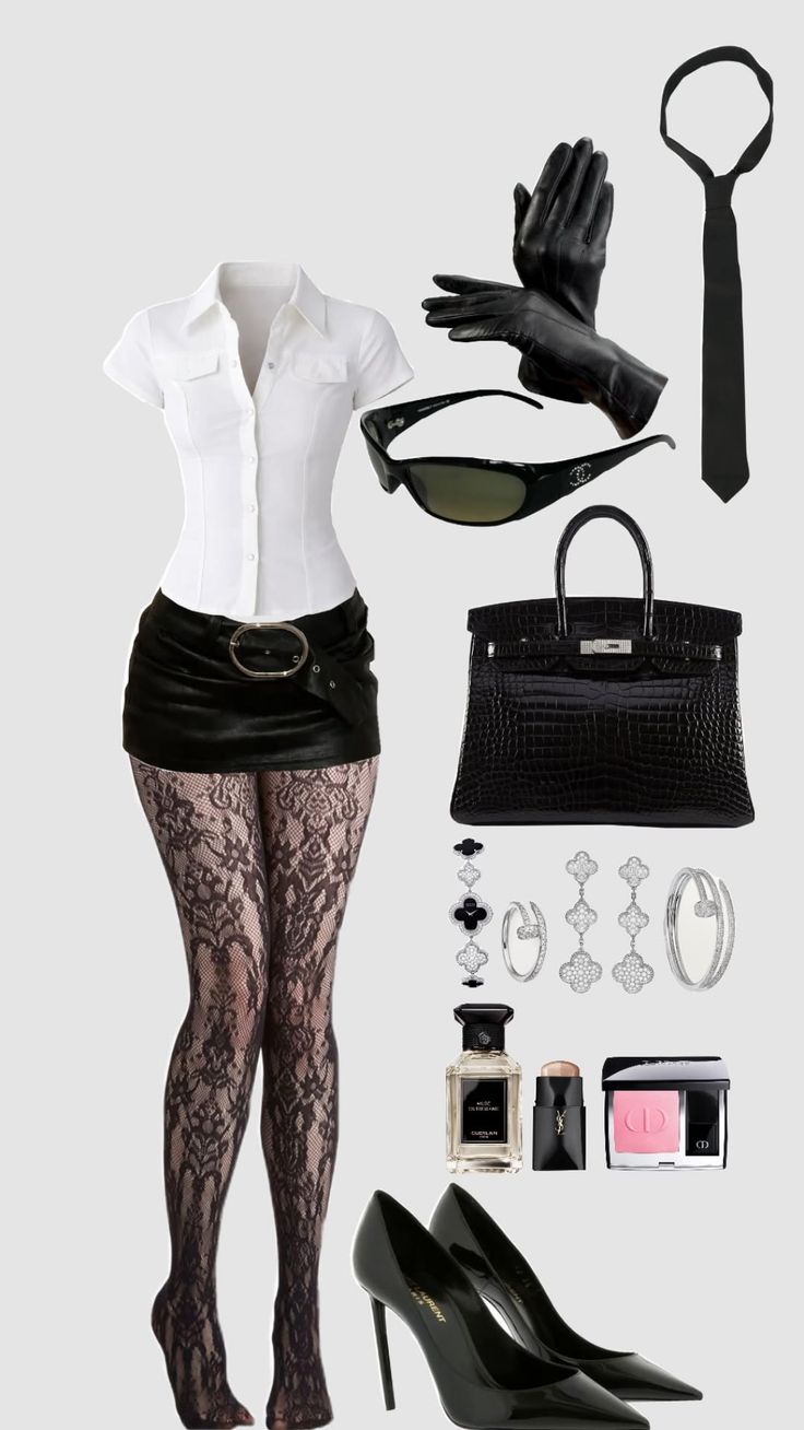 Flat lay of a black and white outfit with accessories
