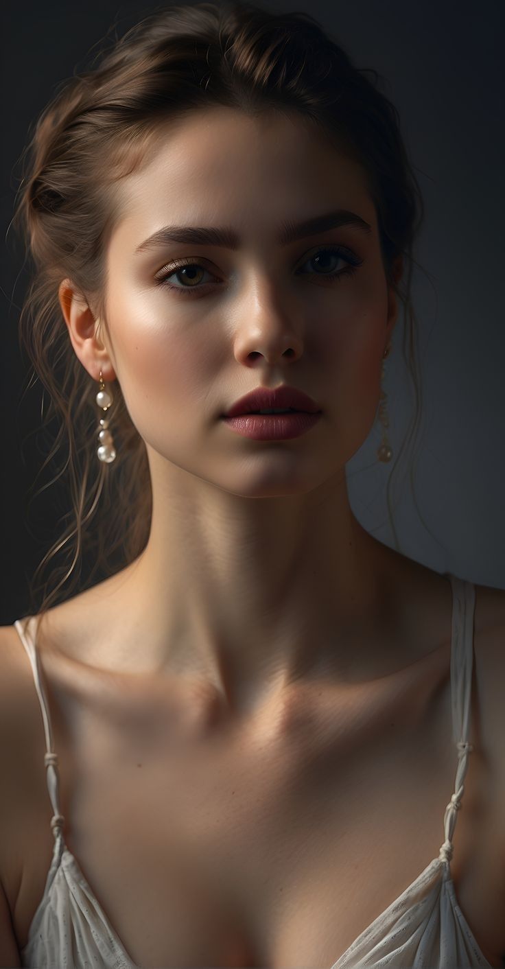 Woman with an updo and pearl earrings in soft lighting against a dark background