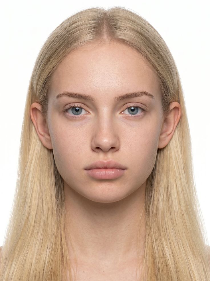 Woman with blonde hair and blue eyes against a white background