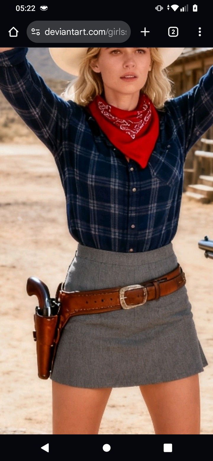 Woman in a cowboy hat, plaid shirt, and red bandana with a holster