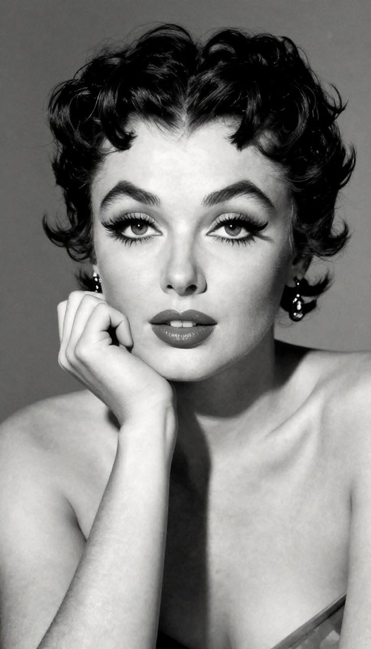 Black and white portrait of a woman with short curly hair and dramatic makeup