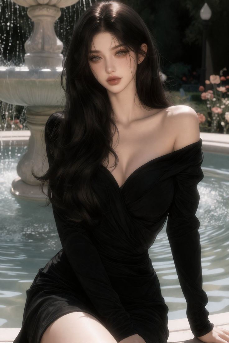 Woman with long black hair in a black dress sitting by a fountain
