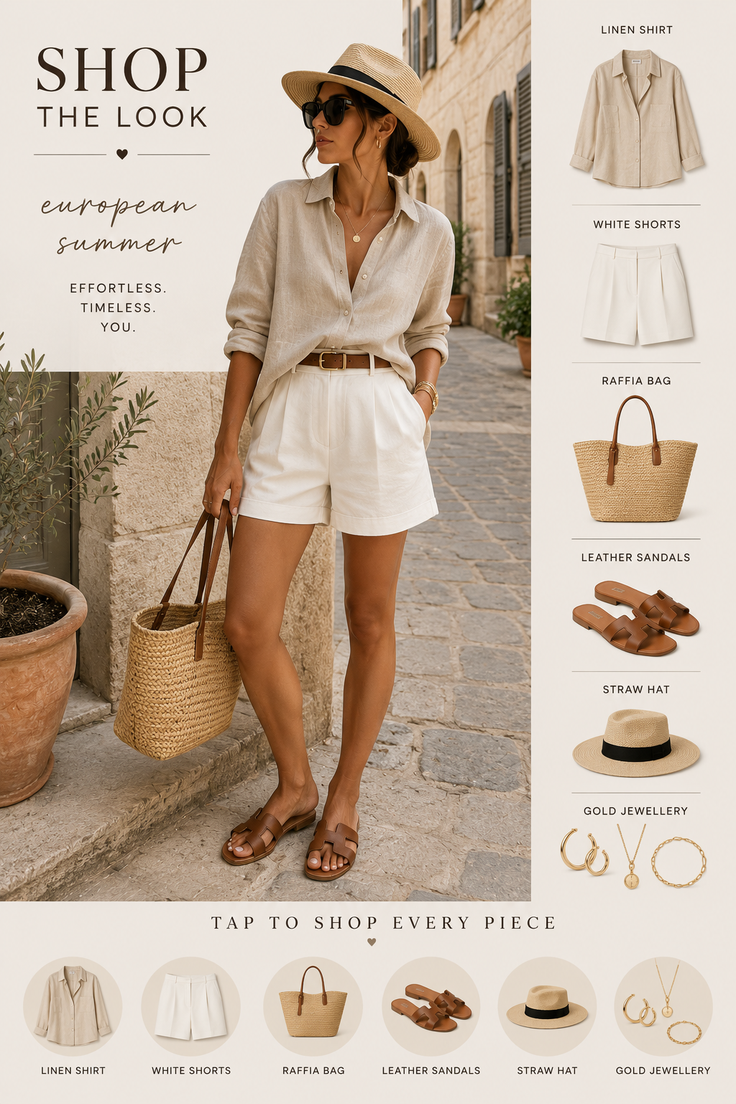 Woman in a straw hat and linen shirt with white shorts on a stone street