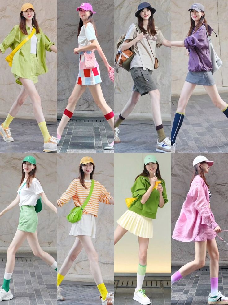 Multiple women in various casual outfits with baseball caps and colorful socks