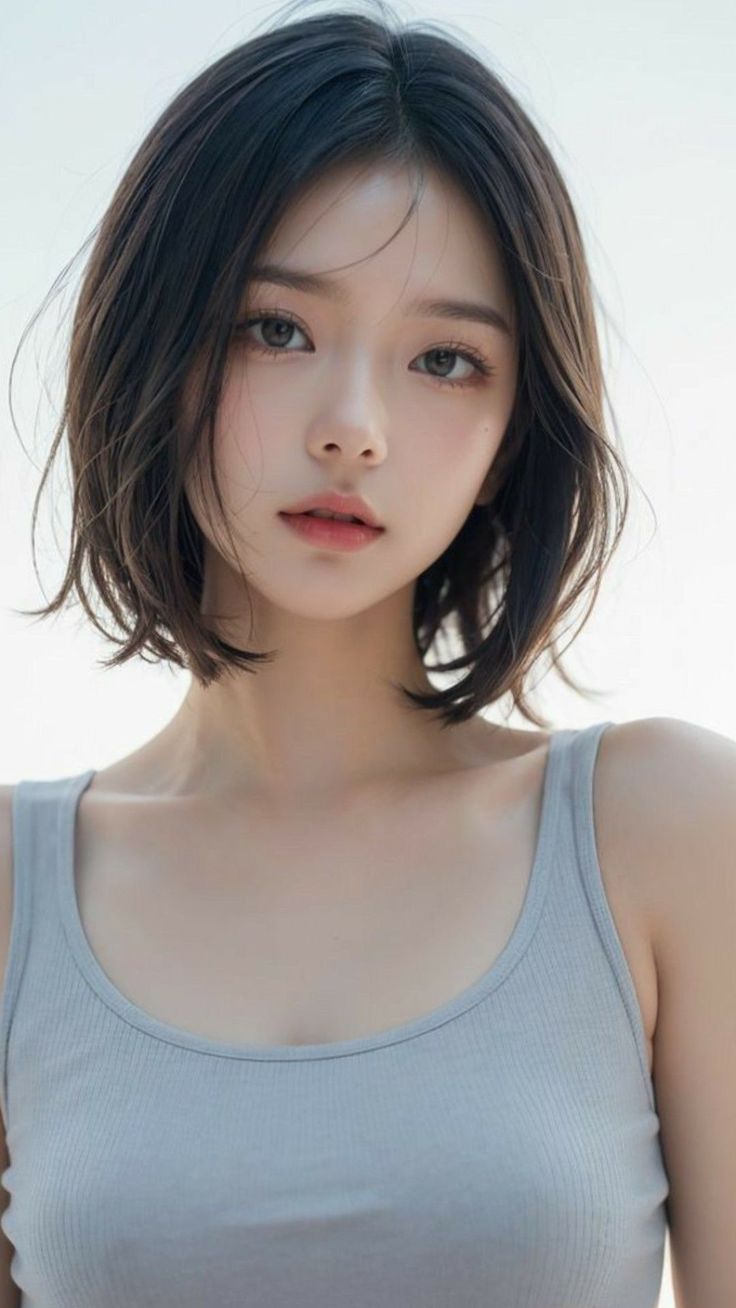 Woman with short dark hair wearing a grey tank top, looking directly at the viewer