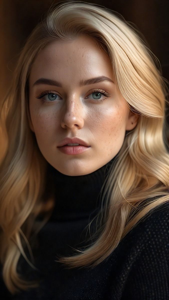 Blonde woman with blue eyes and freckles wearing a black turtleneck