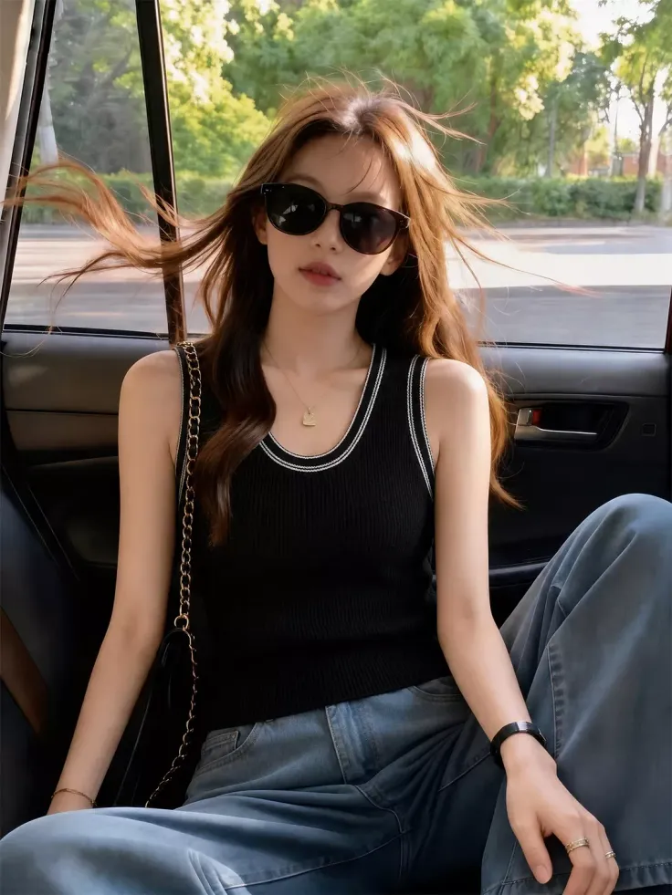Woman with long hair and sunglasses in a car
