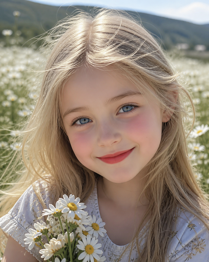 Young girl with blonde hair and blue eyes holding daisies in a field