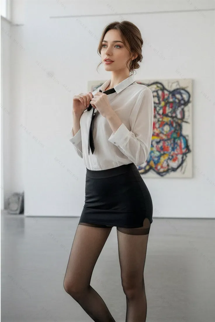 Woman in a white shirt, black tie, mini skirt, and pantyhose indoors