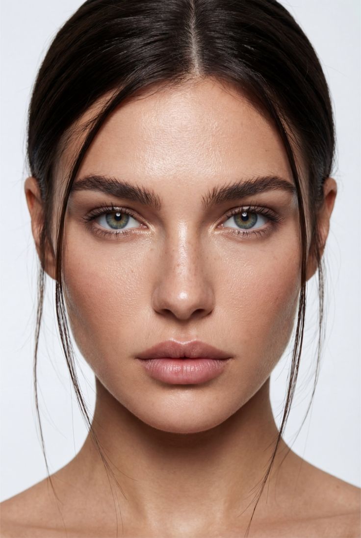 Woman with dark hair and green eyes in a studio portrait