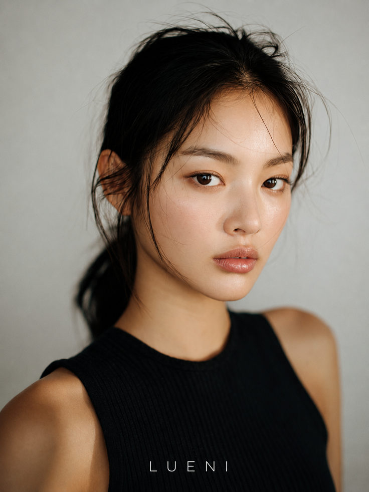 Woman with black hair wearing a black top, captured in a portrait with soft lighting