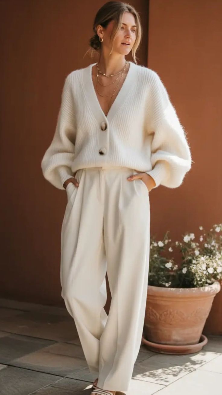 Woman in a white cardigan and wide leg pants with layered necklaces