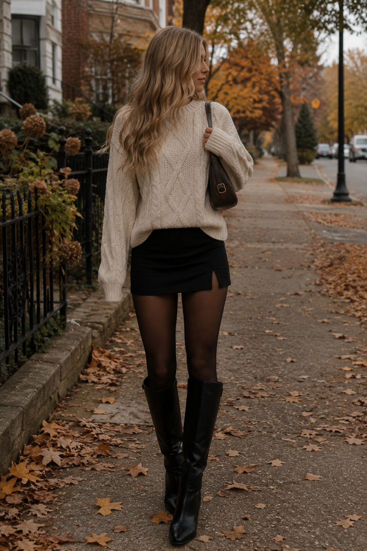 Woman in a cable knit sweater and mini skirt walking on a street with autumn leaves