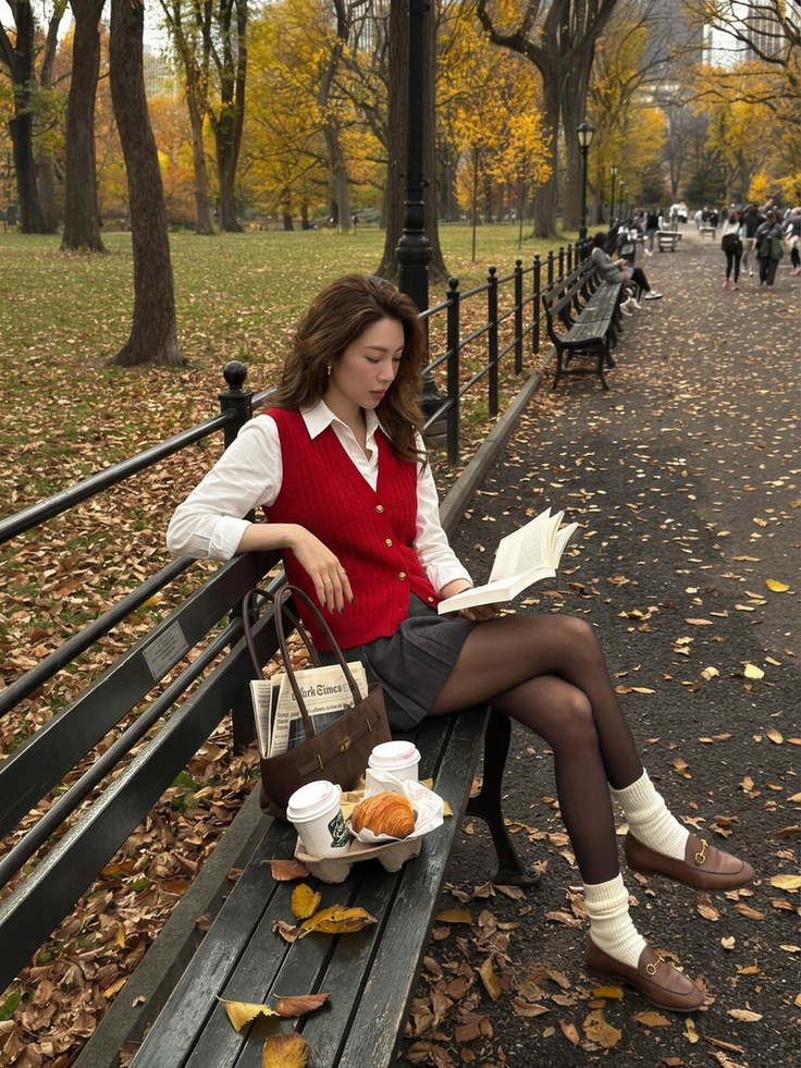 Woman in a red vest and pleated skirt reading a book on a park bench in autumn