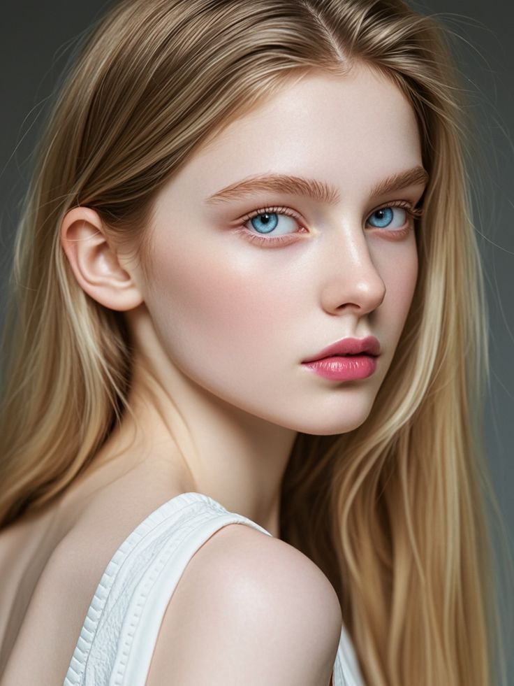 Woman with blonde hair and blue eyes looking over her shoulder