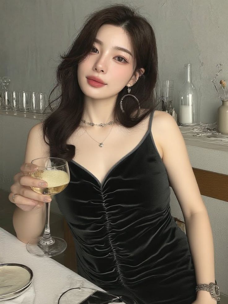 Woman in a black dress holding a glass of wine at a table