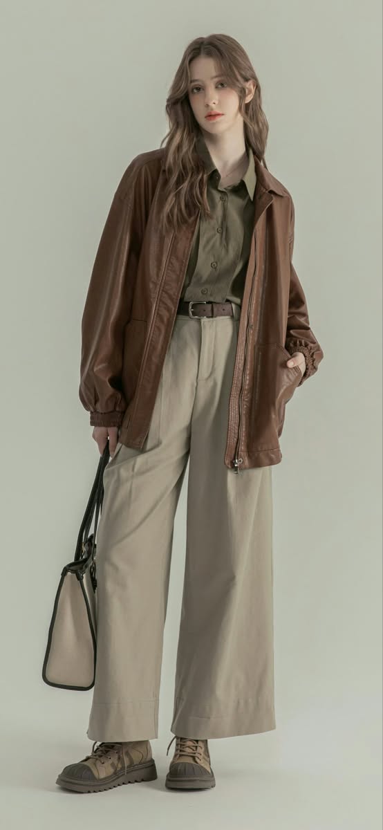 Woman in a brown leather jacket and khaki pants holding a bag