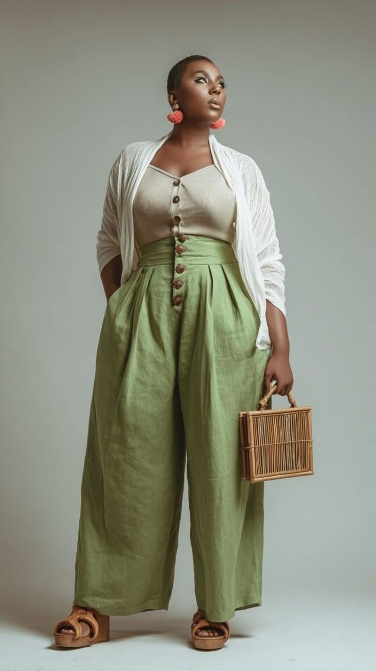 Woman in green wide-leg pants and a white cardigan holding a rattan bag