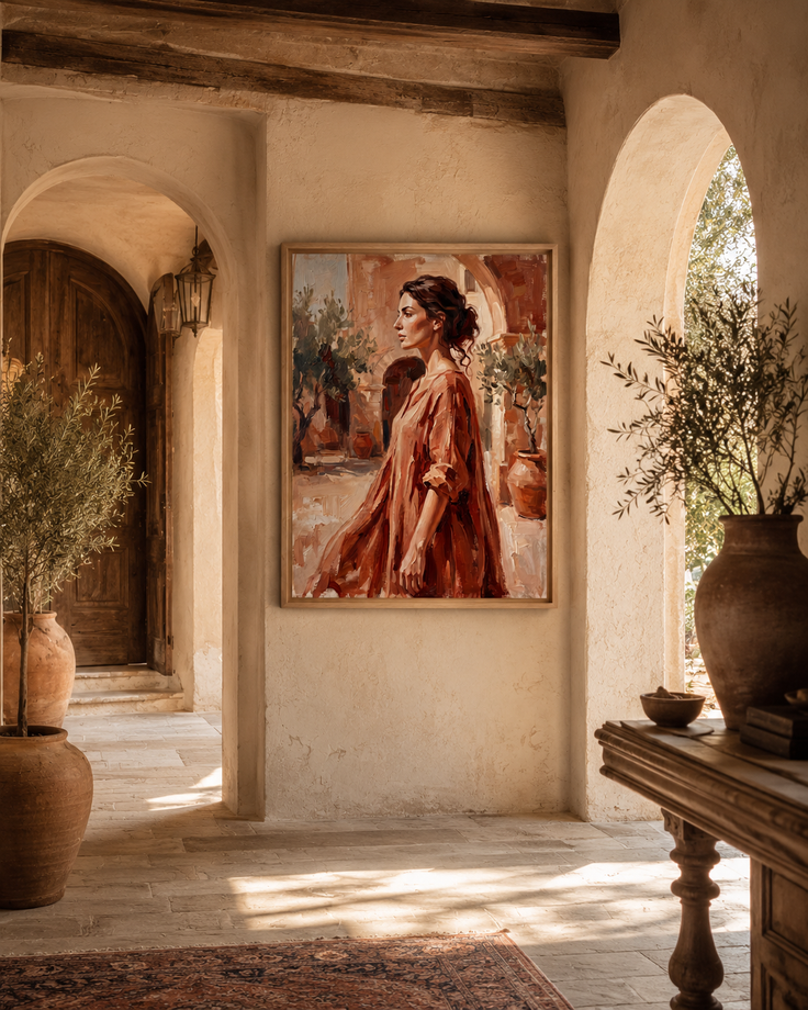 Oil painting of a woman in a terracotta-colored dress in a Mediterranean-style interior