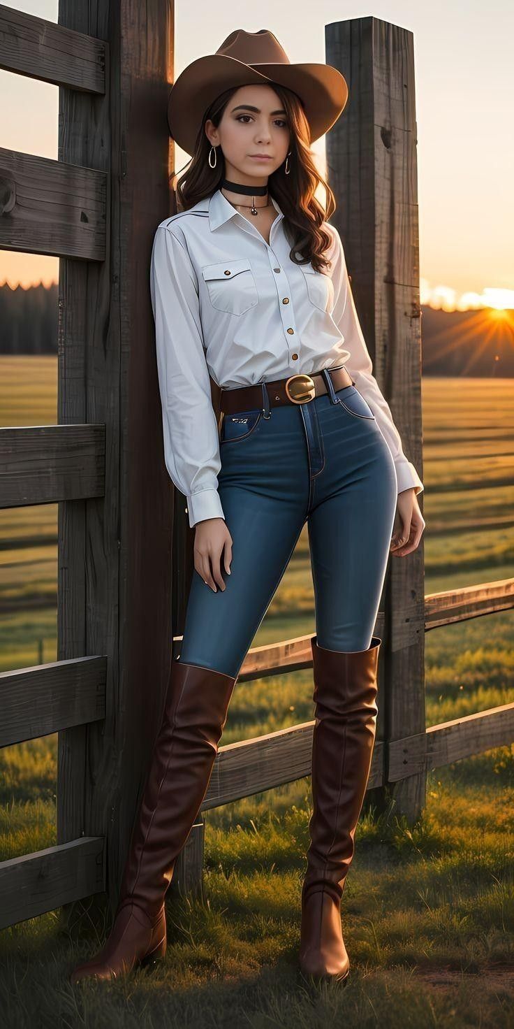 Woman in a cowboy hat, white shirt, and jeans leaning on a fence at sunset