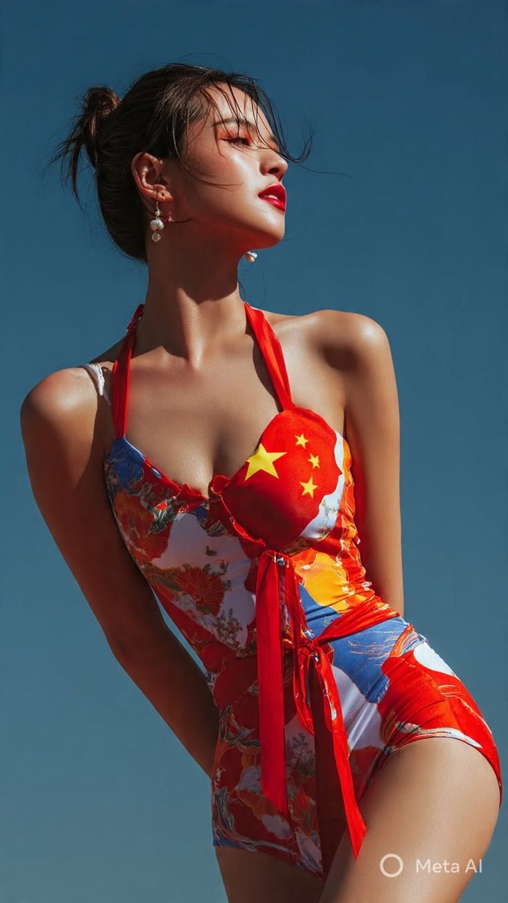 Woman in a patterned swimsuit with red lipstick and an updo against a blue sky