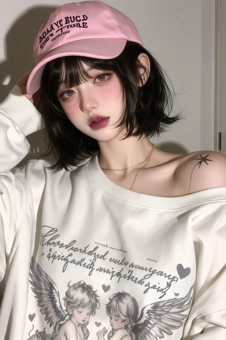 Anime style girl with a pink cap and off-shoulder top
