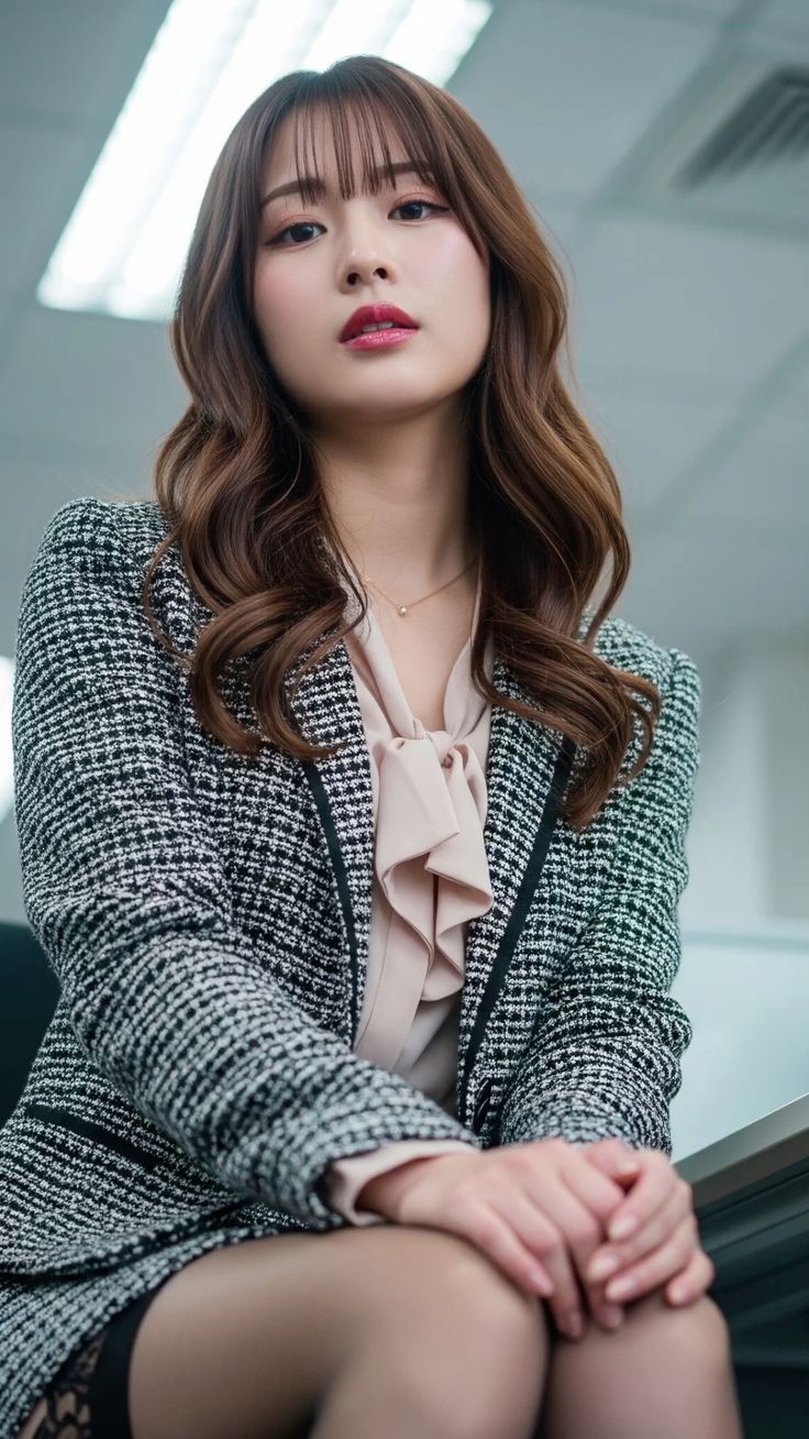 Woman in a tweed jacket and blouse with stockings, looking directly at the viewer