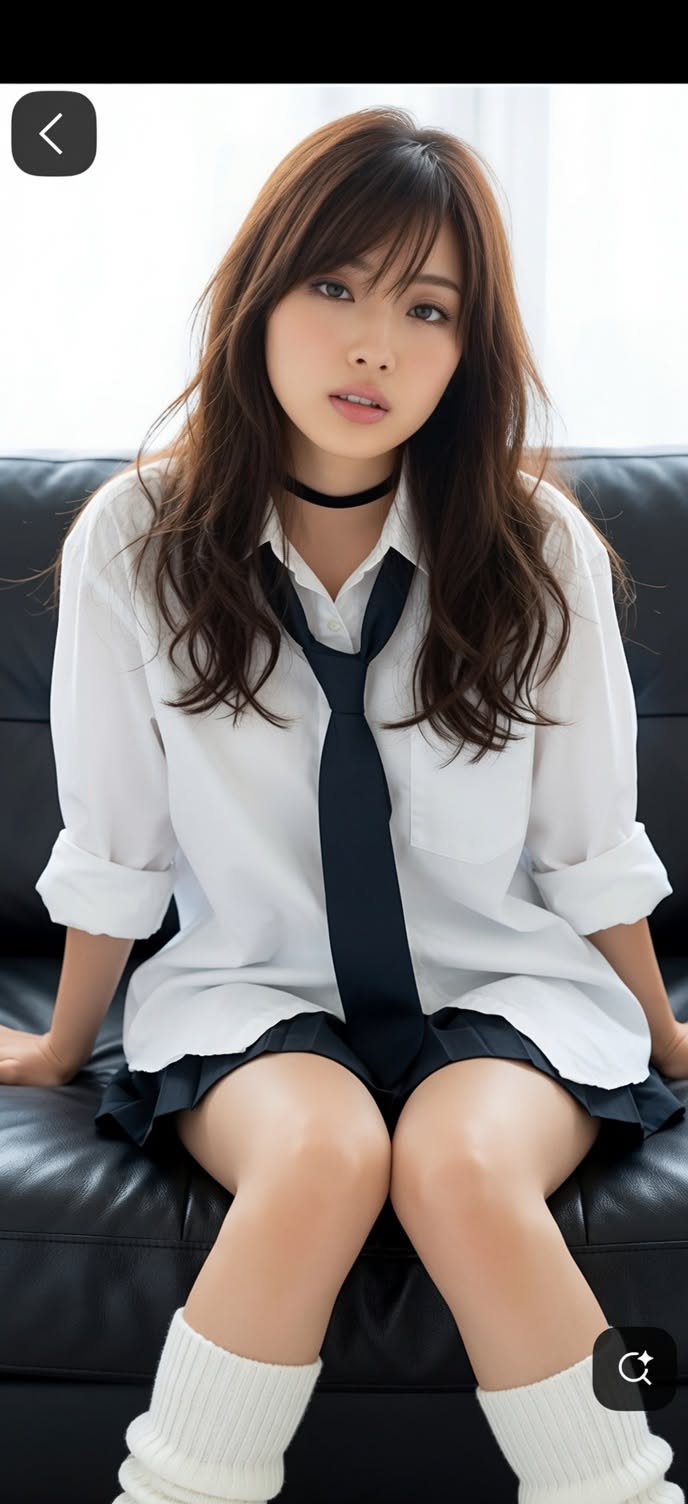 Woman in a school uniform with a choker and leg warmers sitting on a couch