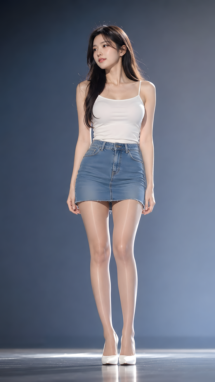 Woman in a white camisole and denim skirt with sheer pantyhose and white heels