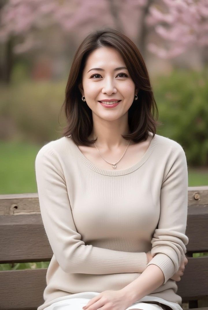 Woman with short brown hair wearing a beige sweater, sitting on a park bench