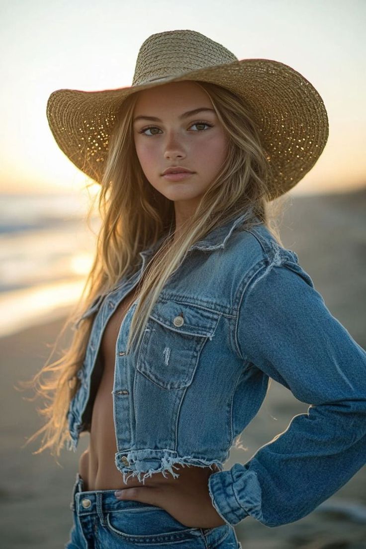 Woman in a straw hat and open denim jacket on a beach at sunset