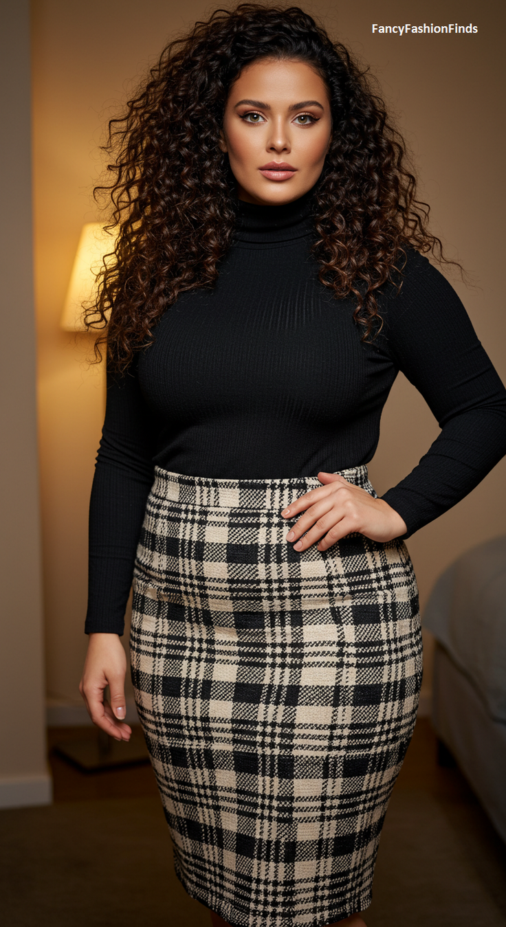 Woman with long curly hair wearing a black turtleneck and plaid skirt indoors