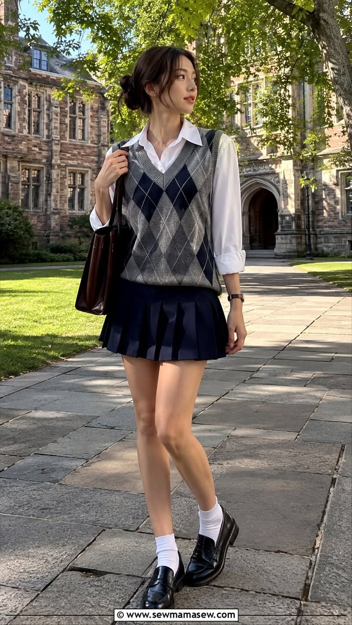 Woman in a school uniform with an argyle vest on a college campus