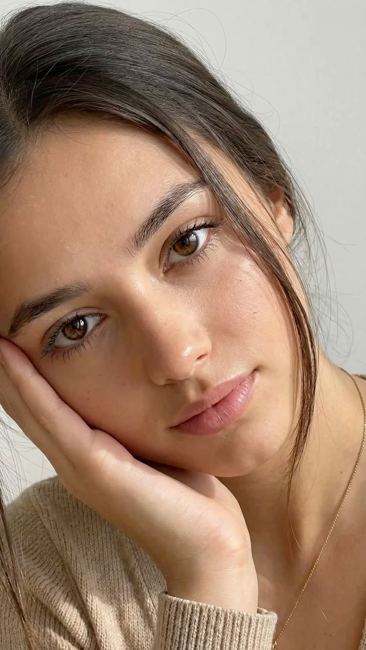 Close up portrait of a woman with brown hair and eyes, resting her chin on her hand