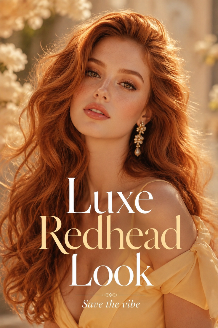 Woman with long red hair and freckles wearing a yellow dress and earrings