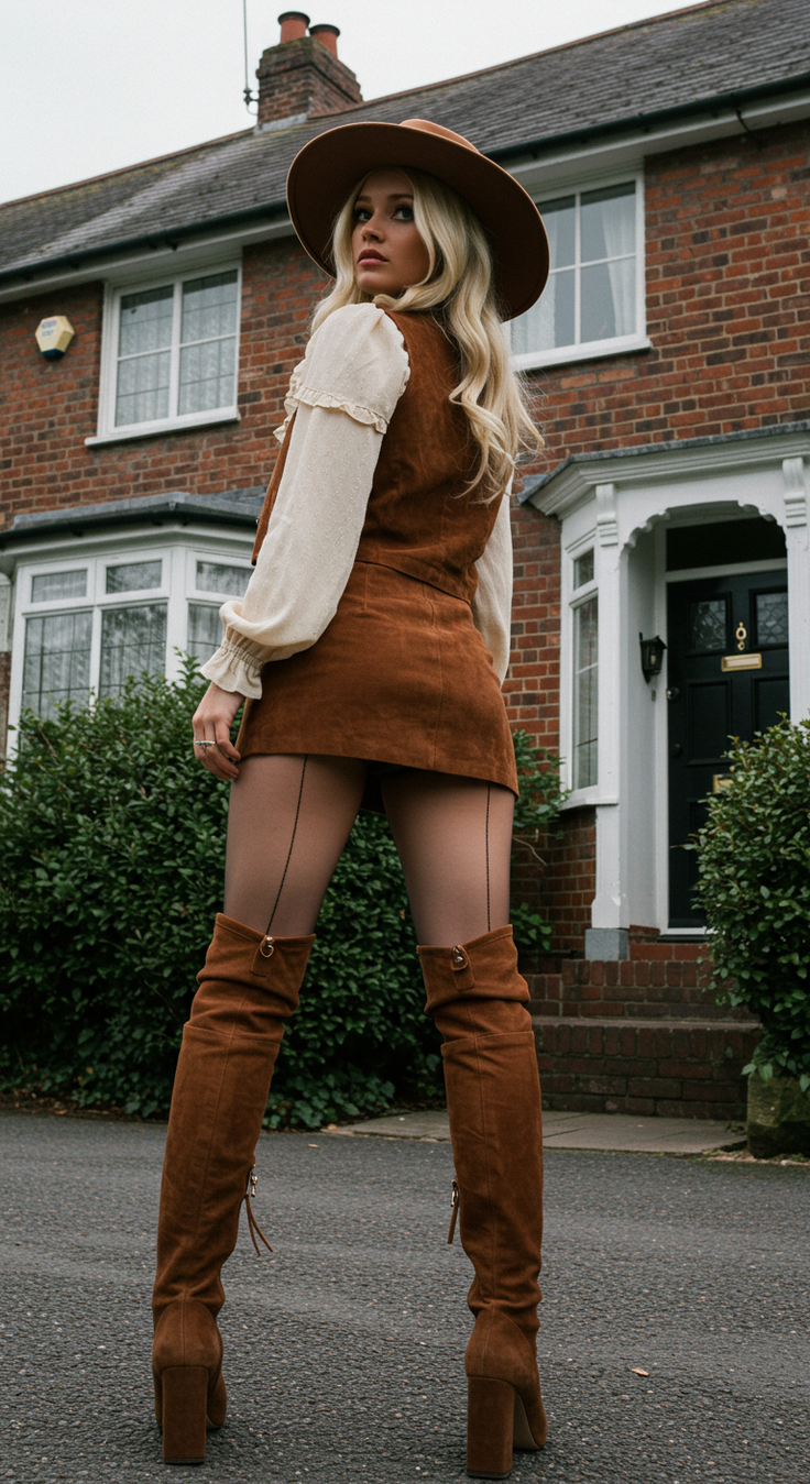 Woman in a brown suede dress and thigh-high boots posing outdoors