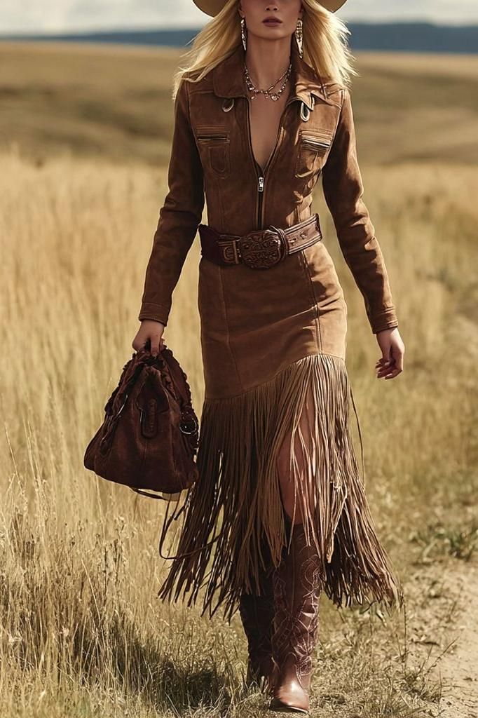 Woman in a suede dress with fringe skirt and cowboy boots walking outdoors