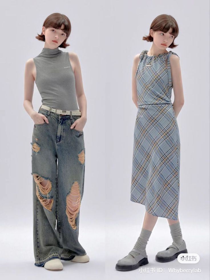 Two women posing in different outfits, one in ripped jeans and the other in a plaid dress