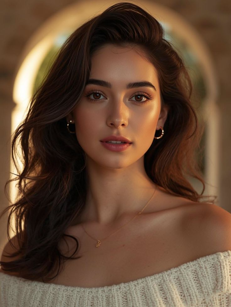 Woman with long brown hair wearing an off-shoulder sweater and jewelry