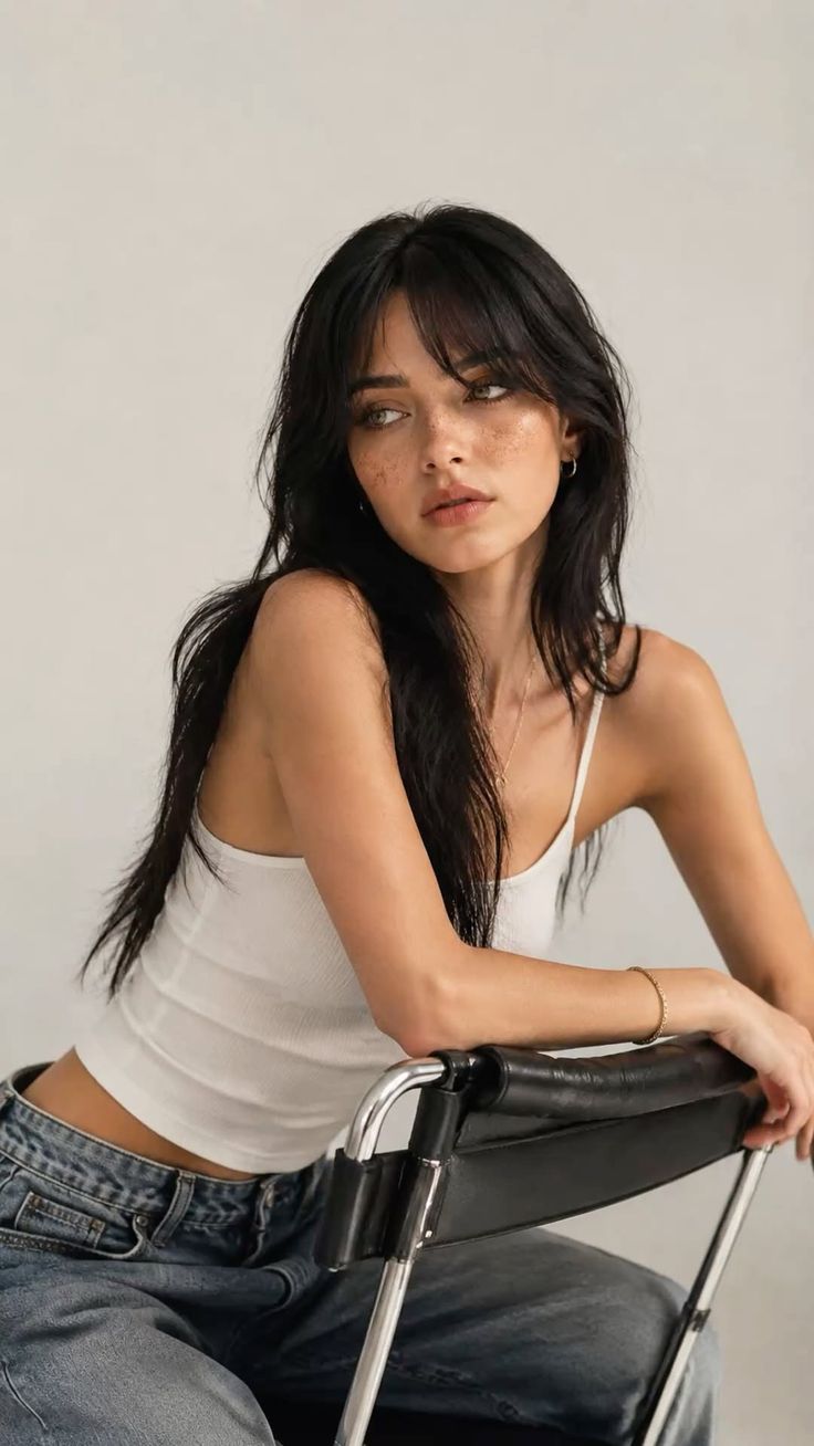 Woman with long black hair and freckles wearing a white tank top and jeans