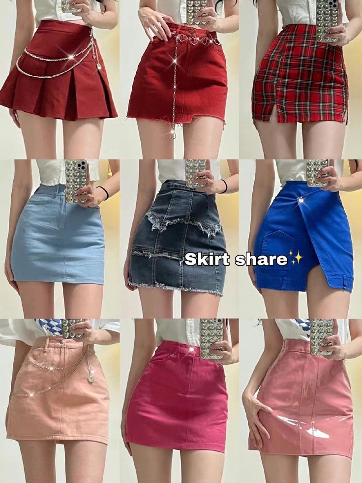Collection of nine different mini skirts worn by a person, showcasing various styles and colors
