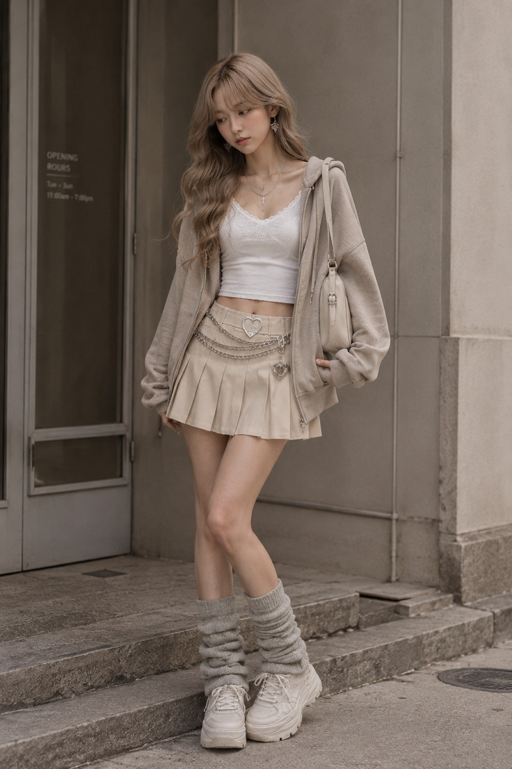 Woman in a pleated skirt, hoodie, and leg warmers standing outdoors