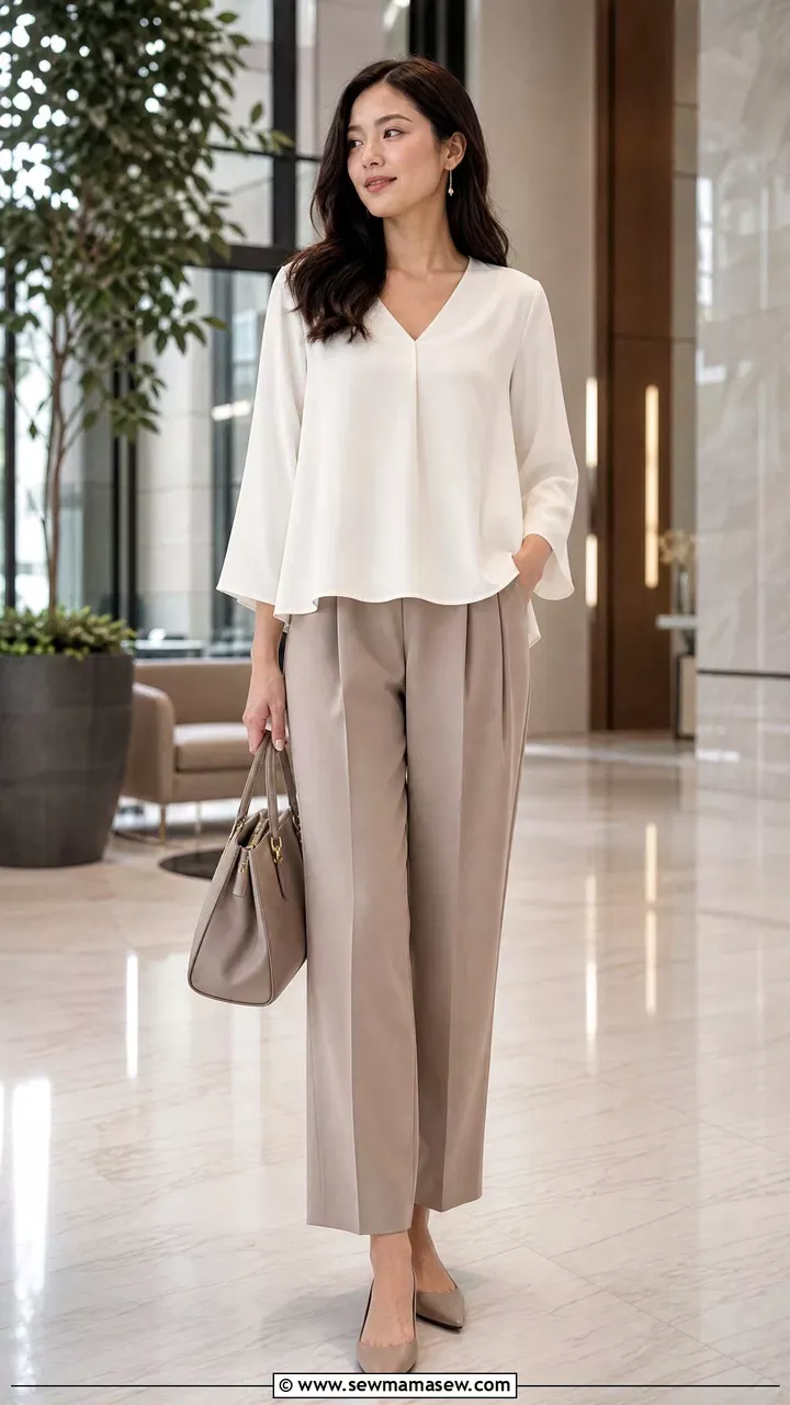 Woman in a white blouse and wide leg pants holding a handbag indoors
