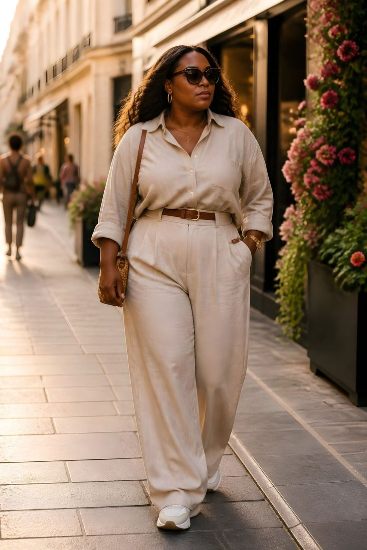 Woman in a neutral-toned outfit walking on a sunlit street