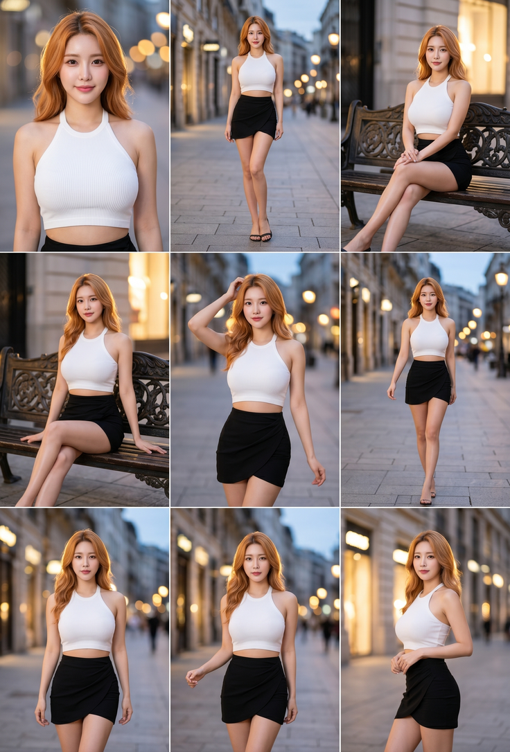 Woman with blonde hair in a white halter top and black mini skirt on a street