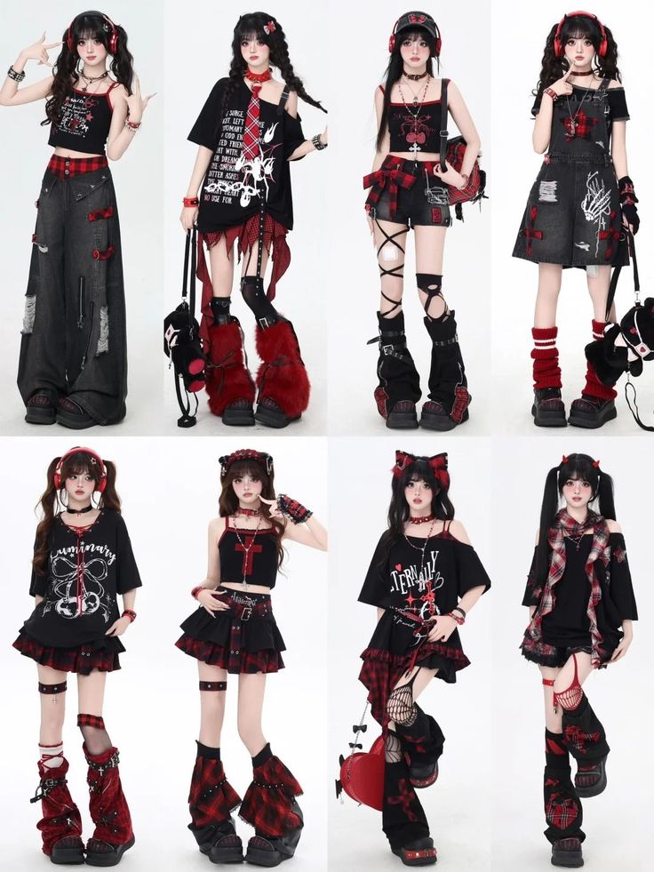 Multiple women in various gothic-inspired outfits with red and black plaid accents