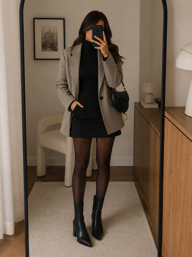 Woman in a plaid blazer, black turtleneck, and mini skirt taking a mirror selfie