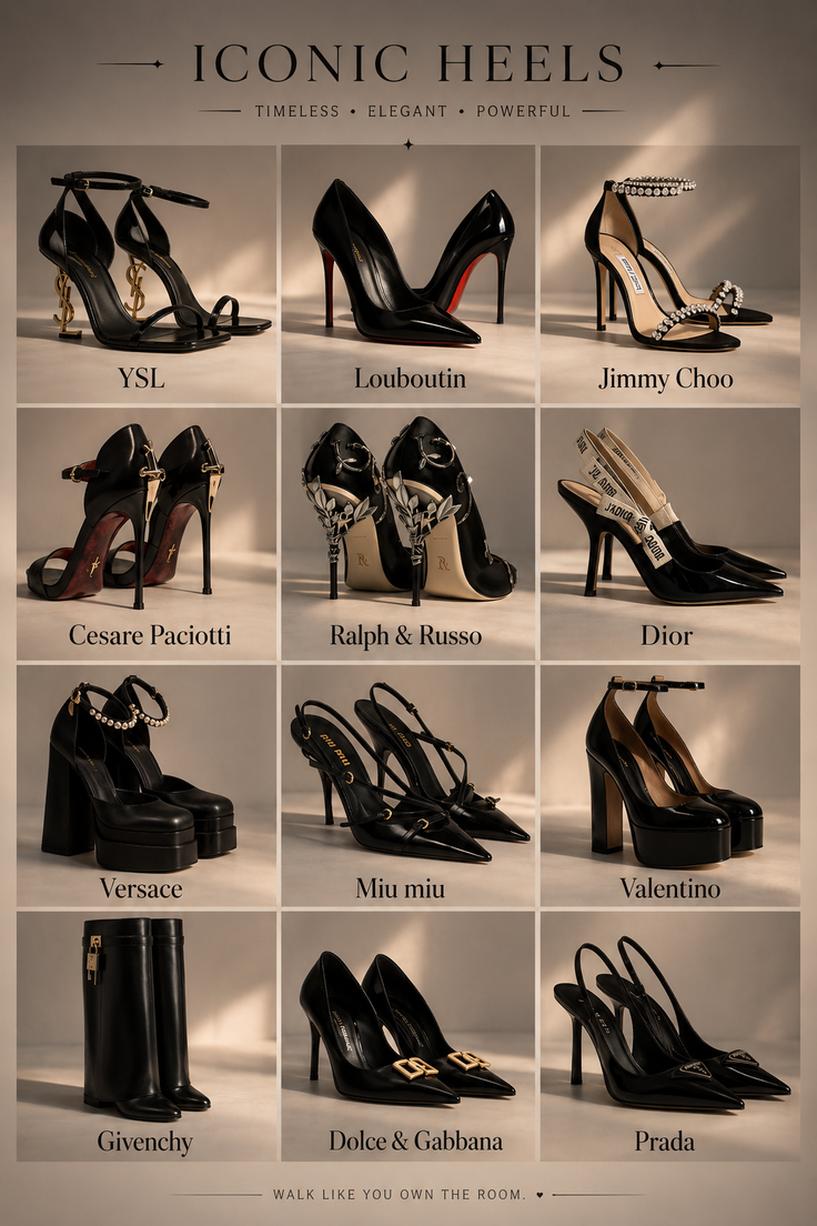 Collection of iconic black high heels from various luxury brands